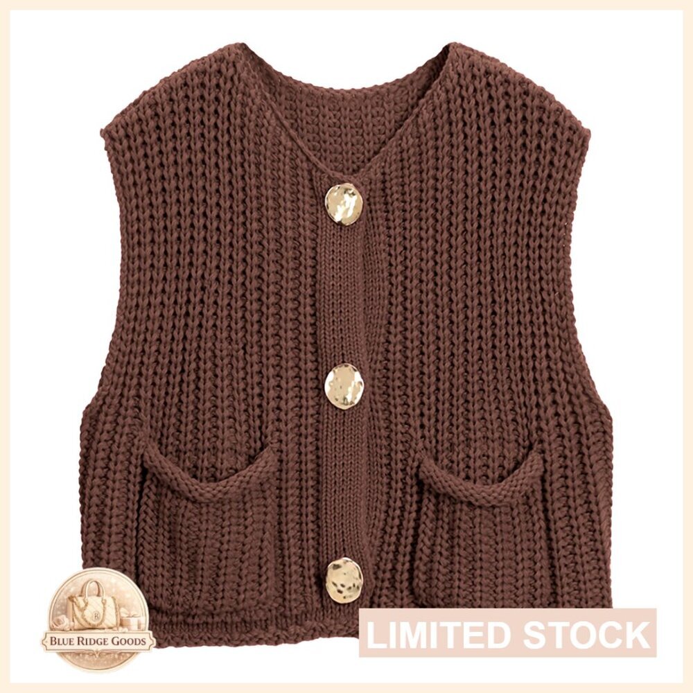Crochet Chunky Knit Sleeveless Button Down Crop Top Cardigan Sweater Vest with